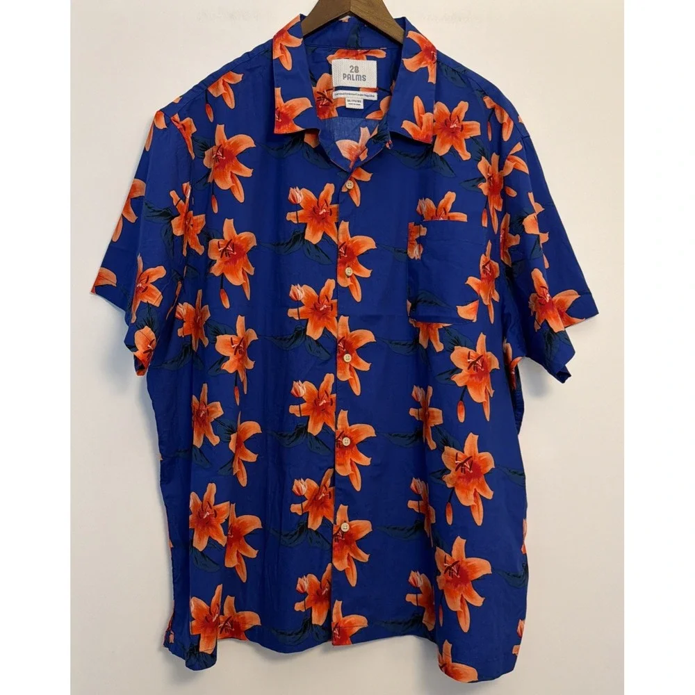 28 Palms Hawaiian Button Up Shirt Mens 3XL Blue Tropical Resort Casual Travel
